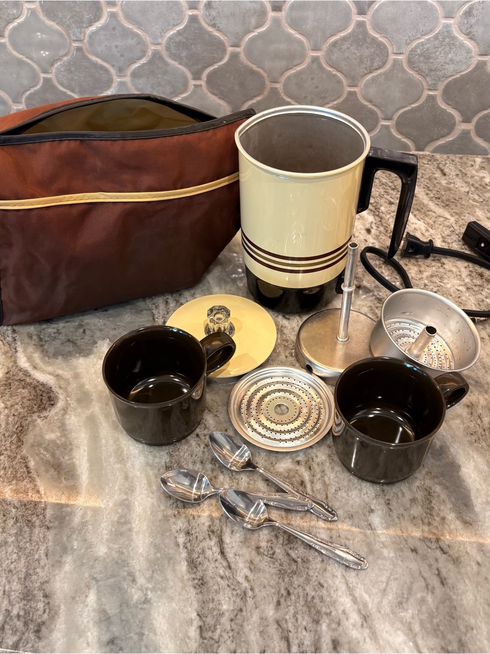 Vintage Electric Percolator Coffee Set with Brown Cups and Cream Percolator